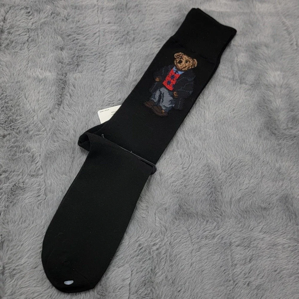 Polo Ralph Lauren Socks Mens 10-13 Black Preppy Dad Bear Mid Calf Cotton Blend